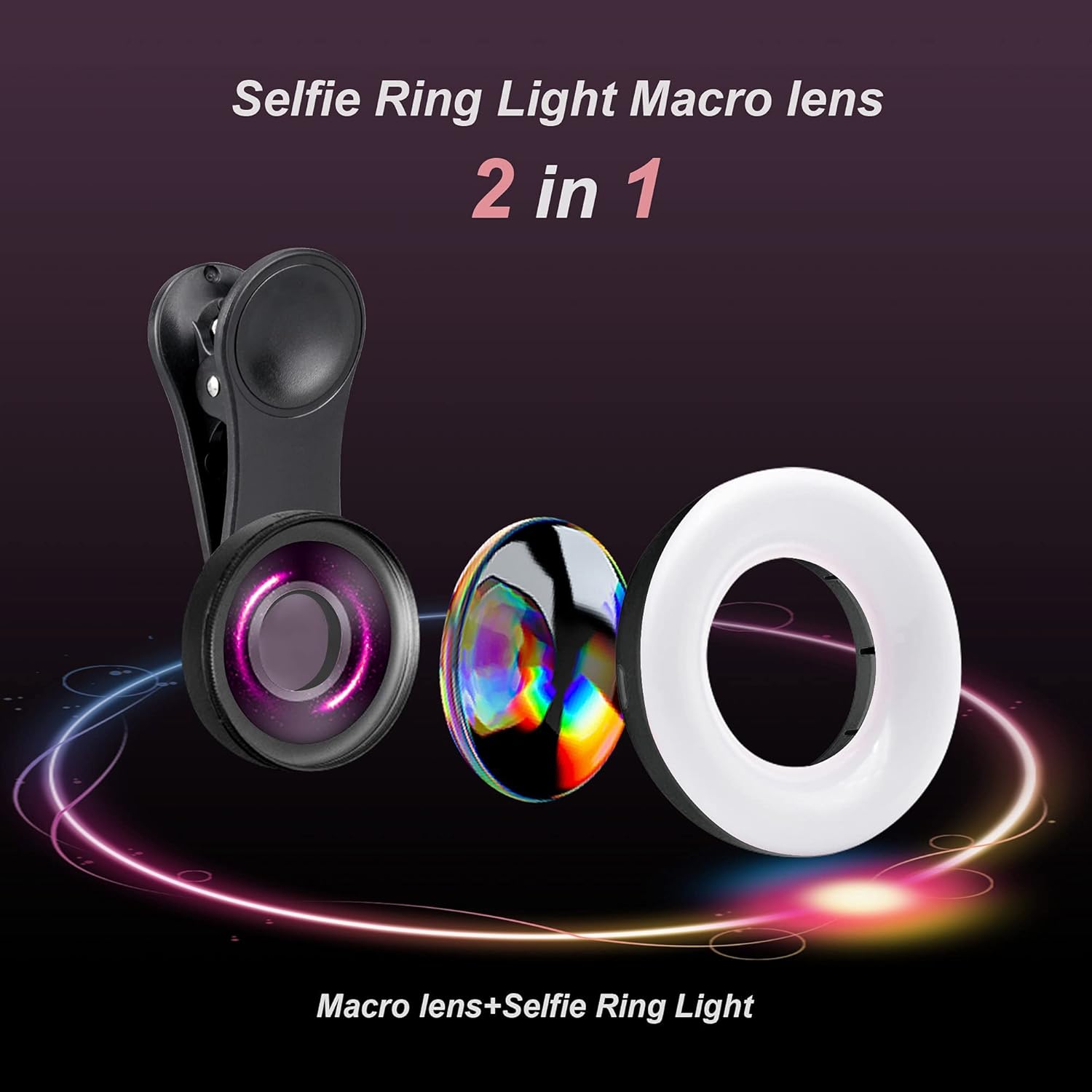 Infografic kit 2 în 1 Almia Concept: lentilă macro și inel luminos (Selfie Ring Light) pentru telefon, prezentând componentele separate