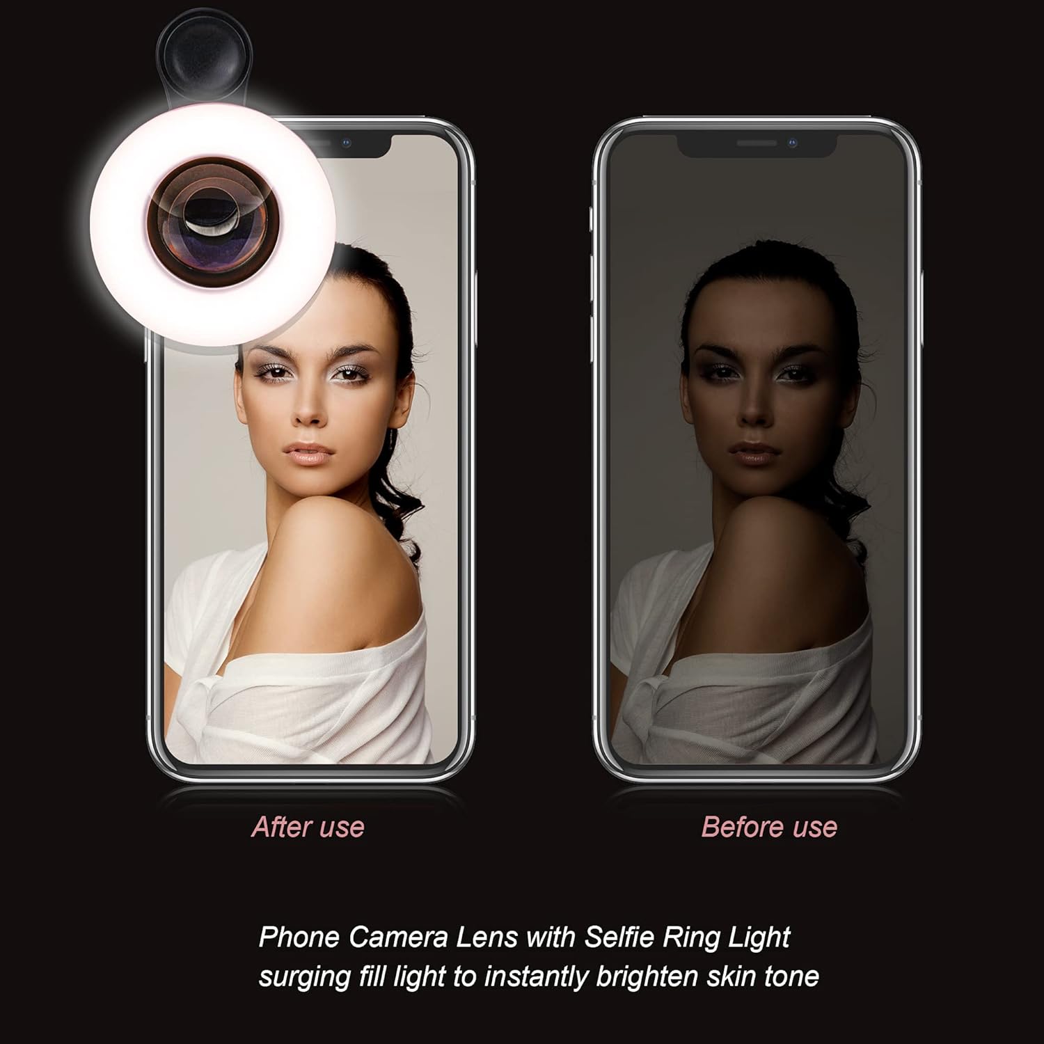 Comparație înainte și după utilizarea inelului luminos Almia Concept: îmbunătățire semnificativă a iluminării pentru selfie-uri și tonul pielii