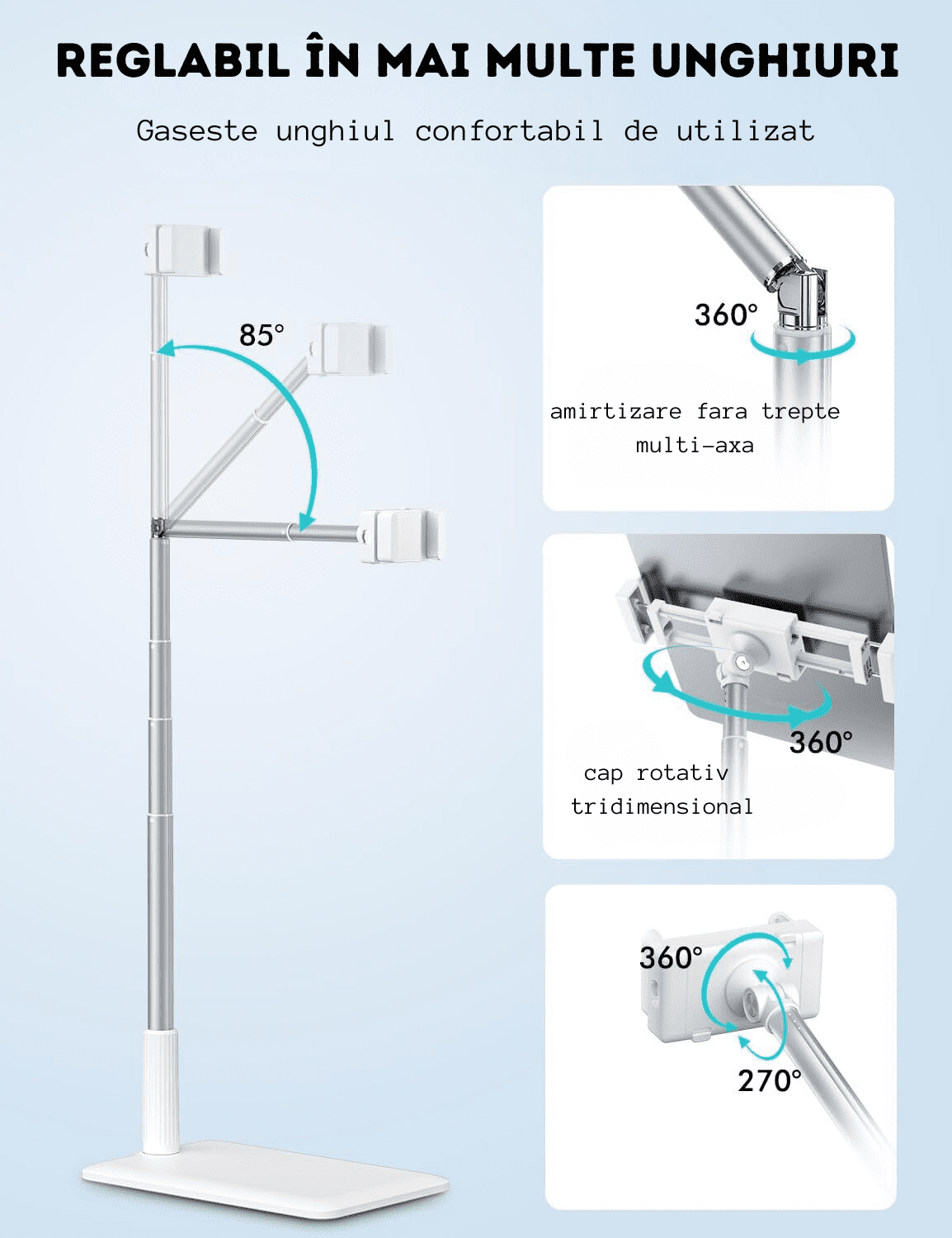 Stativ suport de podea universal pentru telefon si tableta, cu reglare in multiple unghiuri si rotatie 360 de grade